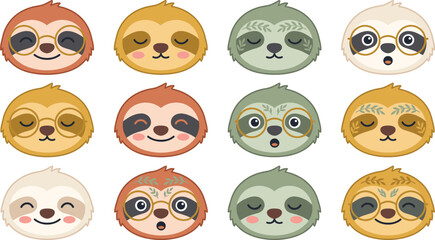 Fototapeta premium Cute Sloth Avatar Icon Set with Various Facial Expressions including sleeping, smiling, and surprised faces wearing round glasses and botanical leaf crowns for children designs