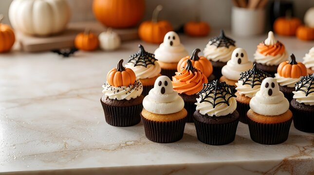 Halloween cupcakes with ghost decorations and pumpkins