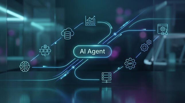 Digital interface showing interconnected icons and lines representing agent capabilities with data cloud processing and api integration for smart business automation systems dashboard