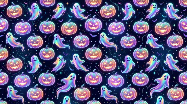 Holographic Iridescent Halloween Pumpkin Ghost Pattern