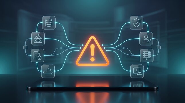 Cyber security warning alert with glowing orange exclamation mark icon connected to digital infrastructure nodes and protective shield symbols on a dark background for system threat analysis