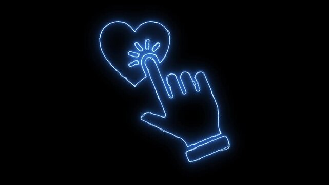Cursor pointer neon glowing animation loop icon heart click hand like love favorite touch button motion isolated dark background