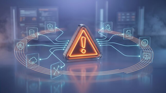 Digital security risk assessment featuring a central warning triangle icon connected to various cyber threat protection symbols and network nodes for information technology vulnerability scanning