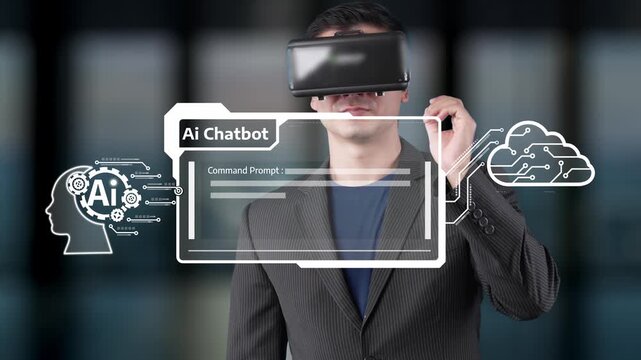 A man uses a virtual reality headset, interacting with an AI chatbot interface in a modern setting, showcasing innovative technology in user engagement and communication. Raster