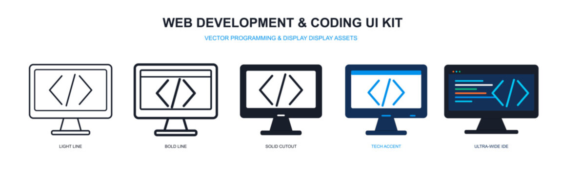 Set of five computer monitor icons representing web development and coding, featuring various styles from minimalist line art to detailed ide interface designs