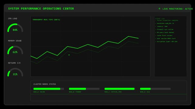 Data analytics dashboard with neon green line graphs, status gauges, and progress bars for financial reporting and business performance monitoring