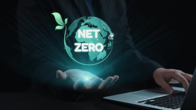 This image illustrates the concept of net zero emissions with a glowing green planet surrounded by environmental icons, symbolizing sustainability and innovation in a digital context. Qubit
