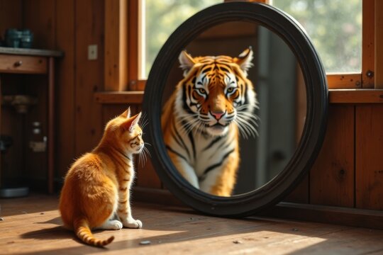 Cat memes showing a curious cat facing a tiger reflected in a vintage mirror