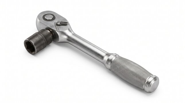 Isometric ratchet wrench with socket, chrome steel head with direction switch and release button, knurled metal grip handle, mechanics hand tool, white background