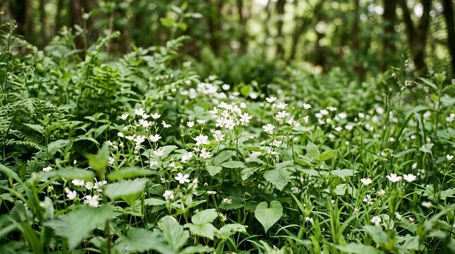 Lush green forest floor covered with wildflowers and foliage.