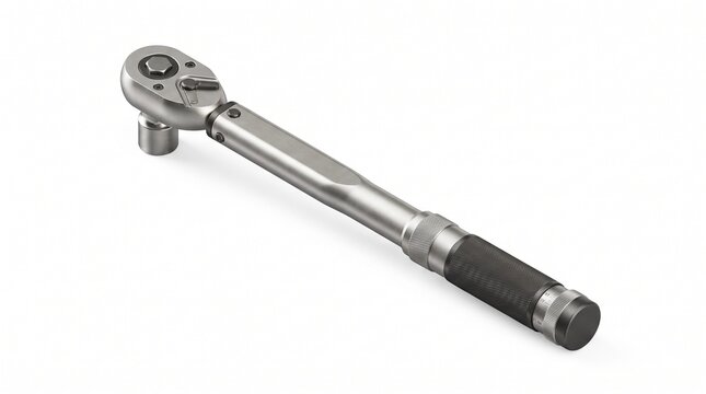 Isometric torque wrench, silver ratchet head with socket and direction lever, steel shaft with black knurled grip and adjustment dial, precision tool, white background
