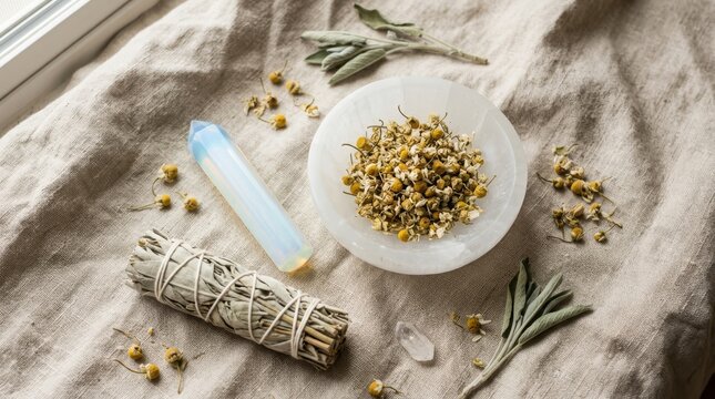 Herbal bundle dried chamomile flowers sage leaves and crystal on neutral fabric flat lay
