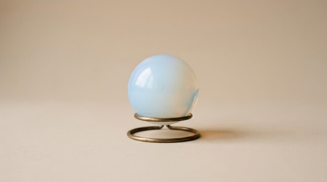 Minimalist blue glass sphere lamp on metallic stand in neutral studio lighting