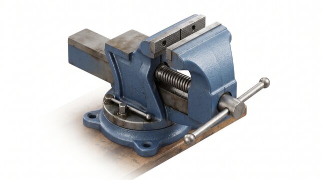 Isometric bench vise, blue cast iron body, steel serrated jaws, threaded screw and T-bar handle, swivel base on wood plank, heavy-duty workshop vise, white background