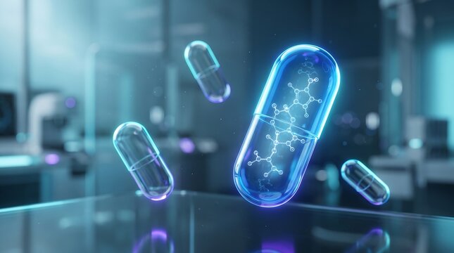Floating transparent medical pill containing a detailed molecular structure inside a modern laboratory setting with blurred equipment in the background for pharmaceutical innovation