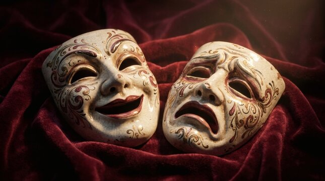 Comedy and Tragedy Theater Masks on Red Velvet Fabric with Dramatic Lighting, Symbolizing Duality of Human Emotion and Dramatic Arts