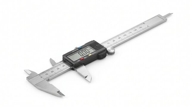 Isometric digital vernier caliper, stainless steel jaws and beam, black LCD module showing 0.00 mm, thumb roller lock, precision measuring tool, white background