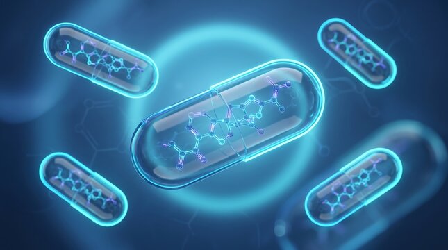 Floating transparent medical capsules featuring complex glowing molecular structures against a deep blue background ideal for pharmaceutical research and biotechnology marketing materials