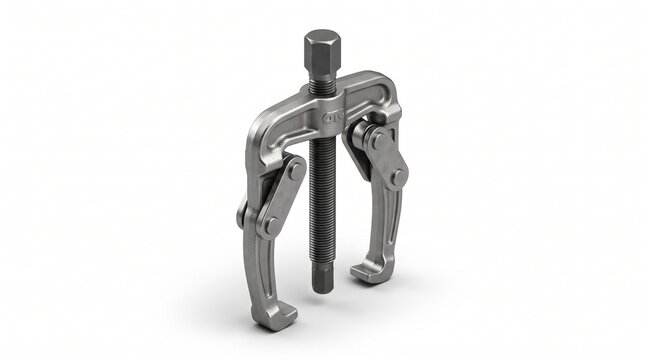 Isometric two-jaw gear puller extractor, cast steel silver body, hex head center forcing screw, pivoting hook jaws, mechanical bearing removal tool, white background