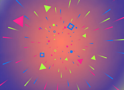 Abstract vibrant geometric shape confetti explosion on colorful purple and orange gradient background vector illustration