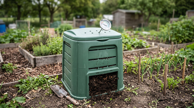 Compost bin with thermometer in garden