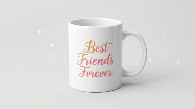 White ceramic coffee mug featuring best friends forever text in beautiful pink and orange gradient colors