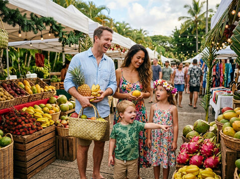 A joyful family shopping together at a bustling outdoor farmers market filled with colorful tropical fruits and vibrant stalls under the warm sunshine during their weekend vacation adventure