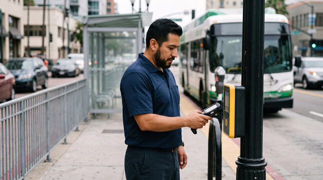 Man scanning bus stop fare validator