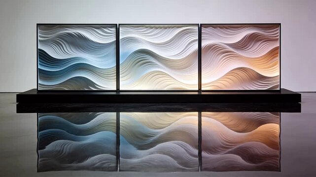 Modern abstract triptych art installation with wavy textures on black pedestal