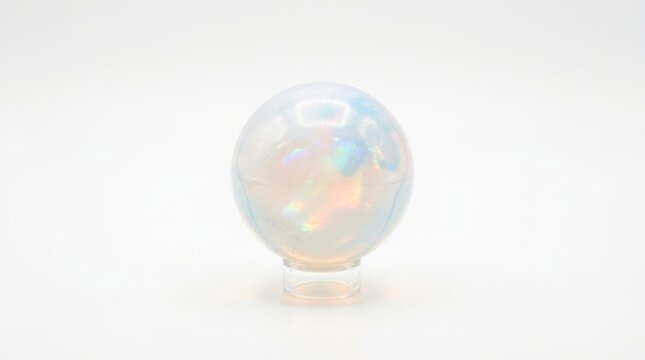 Glowing opal like sphere resting on clear stand against plain background with sphere displays soft