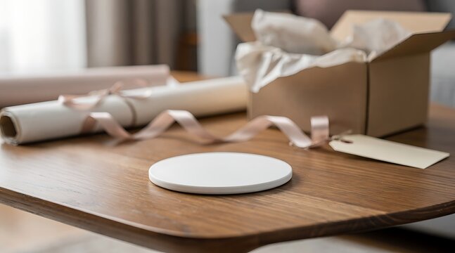Minimalist product unboxing scene on a wooden table featuring a blank white circular tray with a cardboard shipping box, wrapping paper, and elegant ribbons in a bright home office setting.