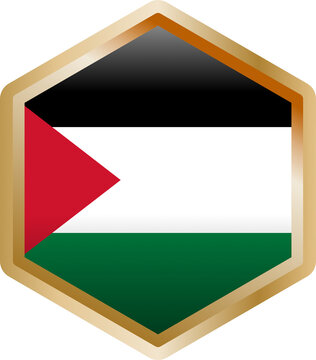 Palestine flag hexagon badge glossy gold frame national emblem icon illustration isolated