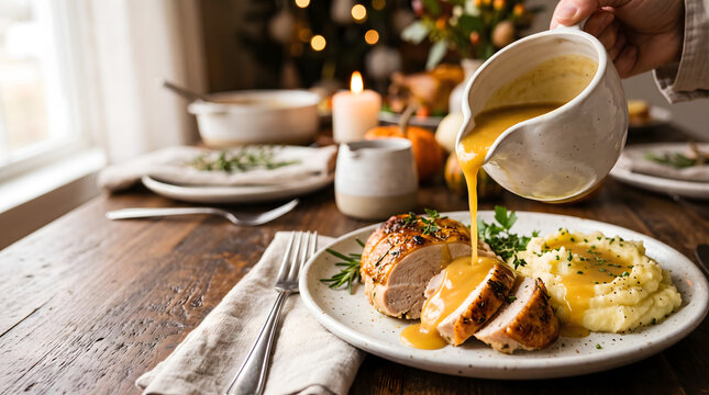 Pouring Golden Gravy over Sliced Turkey and Mashed Potatoes at Holiday Dinner