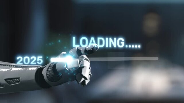 A robot hand points towards a loading line between the years 2025 and 2026, symbolizing technological advancement and the continuous evolution of AI. Salient