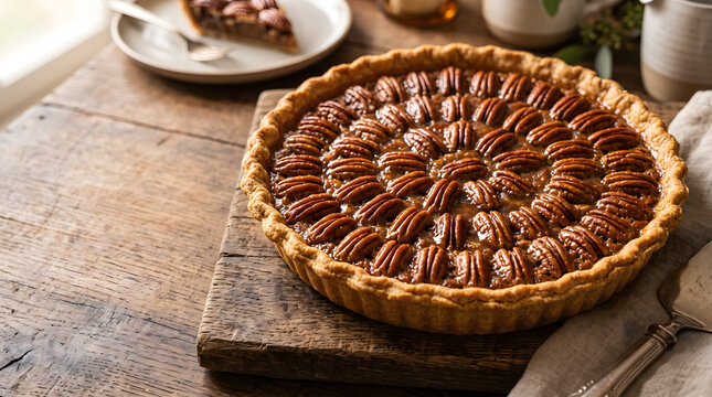 Rustic Homemade Pecan Pie on a Wooden Board for a Thanksgiving Celebration