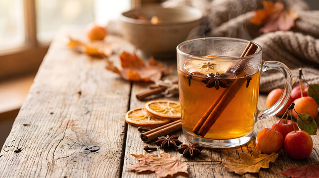 Steaming Mug of Hot Spiced Apple Cider with Cinnamon and Orange Slices