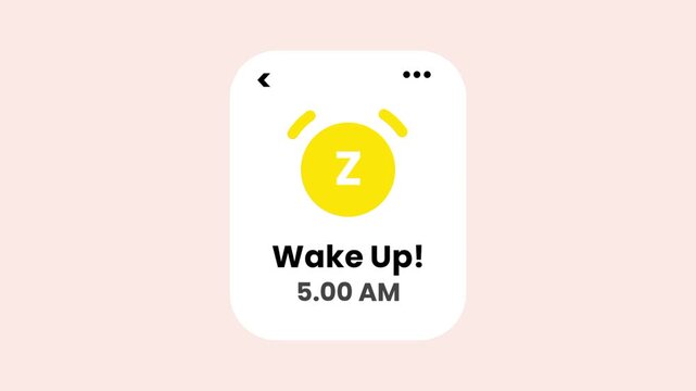 A soft peach alarm notification displays a yellow clock icon with the label wake up and a five am time stamp for early morning wake alerts on mobile