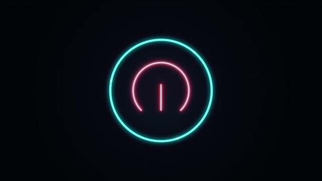 Neon power button icon animation, glowing cyan and pink electric start symbol, futuristic technology interface element on black background
