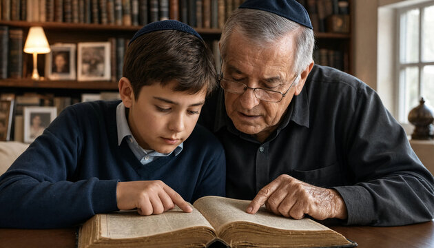 Grandfather and grandson studying together from old book in library setting knowledge transfer concept
