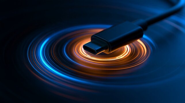 USB-C charging cable with glowing neon swirls isolated on transparent background. Ideal for high-speed data transfer and modern technology marketing concepts.