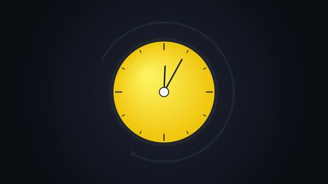 Minimalist yellow clock animation on dark background, modern flat design analog timepiece, ticking clock hands for time management concept