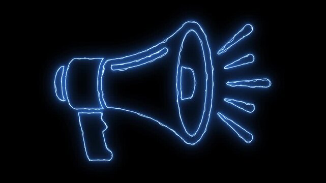 Megaphone loudspeaker neon glowing animation loop icon announcement sound speaker marketing bullhorn blast broadcast voice motion isolated dark background
