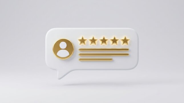 Golden five star rating icon inside white chat bubble representing positive customer feedback and service quality