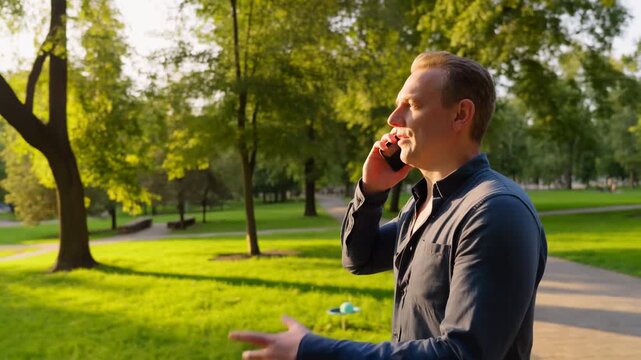 Adult man talks on smartphone while moving along a sunlit park path, keeping phone to his ear as green lawns and trees shift behind him and he gestures with his free hand