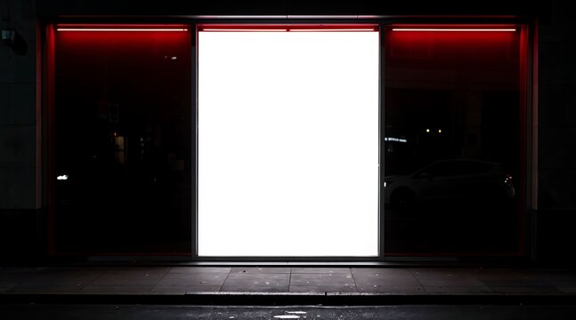 Blank vertical white light box billboard mockup in a dark shop front window with red neon lights at night in an urban city street environment for advertising and marketing display.