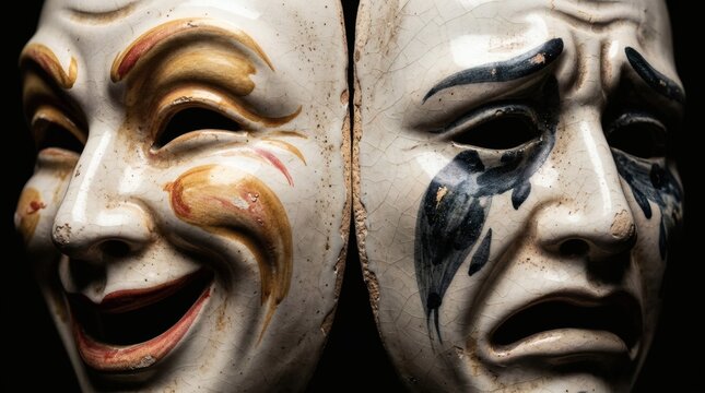 Antique Ceramic Comedy and Tragedy Masks Symbolizing the Duality of Human Emotions: Happiness and Sadness