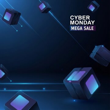 Cyber monday mega sale promotional banner with glowing blue and purple 3d cube elements.