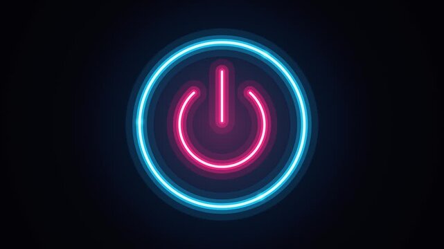 Neon power button icon with glowing blue and pink light, futuristic start switch symbol, electronic energy control interface on black background