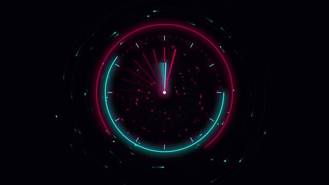 Futuristic digital clock interface with glowing neon circles, high-tech countdown timer HUD, abstract motion graphics for sci-fi technology