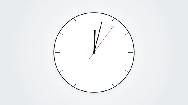 Minimalist analog clock animation on white background, modern wall clock ticking time lapse, clean circular timepiece showing passing hours